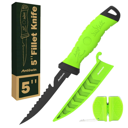 ANTOWIN 5 Inch Fishing Fillet Knife Professional Level Knives for Filleting Fish and Boning Meat Sharp Stainless-Steel Non-Stick Coating Blade Non-Slip Handles with Stage Knife Sharpener