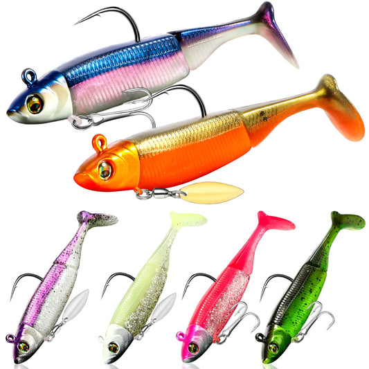 PLUSINNO Fishing Lures Pre-Rigged Jig Head Bass Lures with Spinner Fishing Bait for Freshwater Saltwater Soft Plastic Fishing Lures Swimbait for Trout Crappie Fishing Gear Fishing Gifts for Men